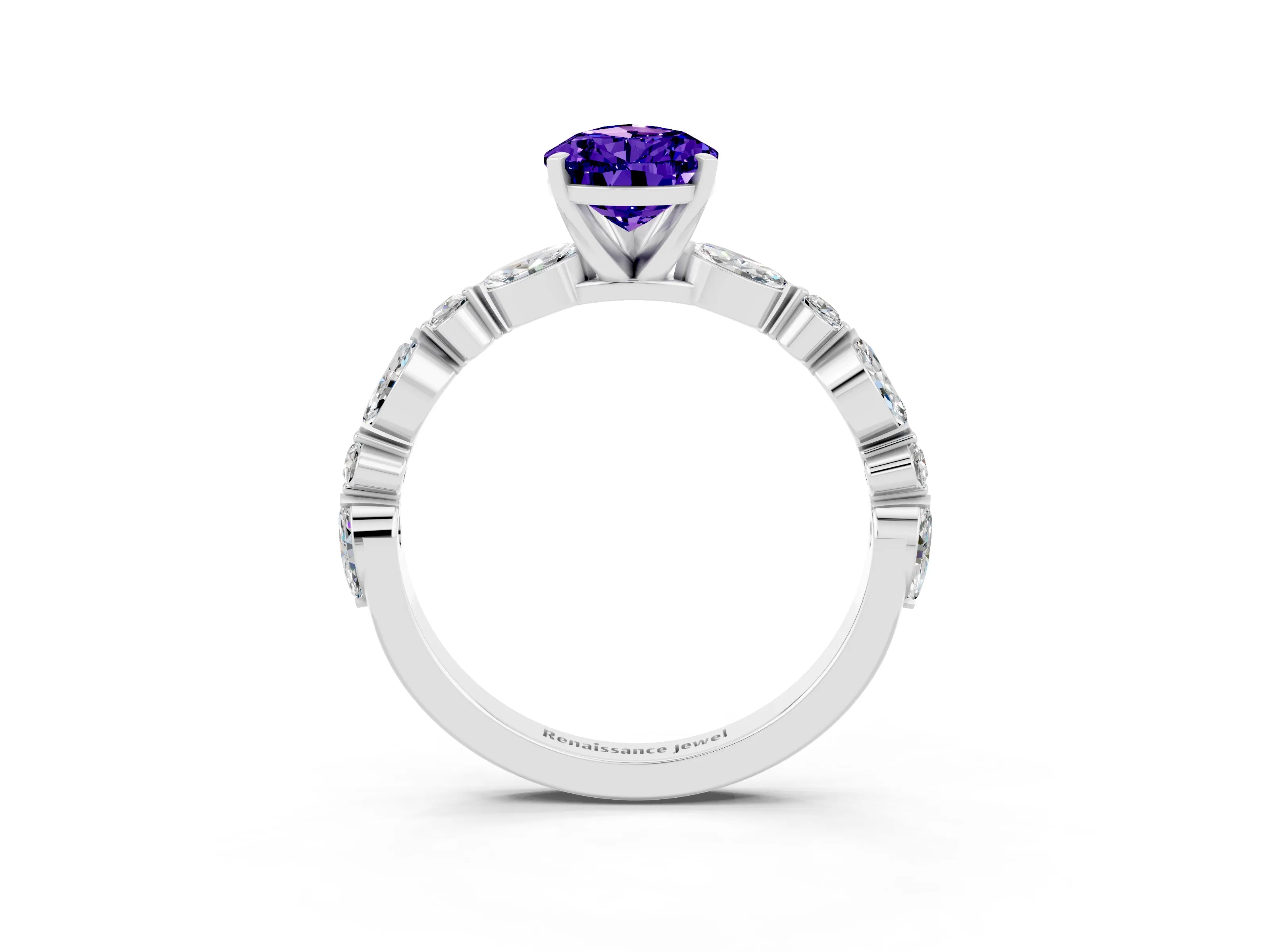 White gold Pear Cut Tanzanite Solitaire with Side Stones on a Pavé Band and Four-Prong Setting_3