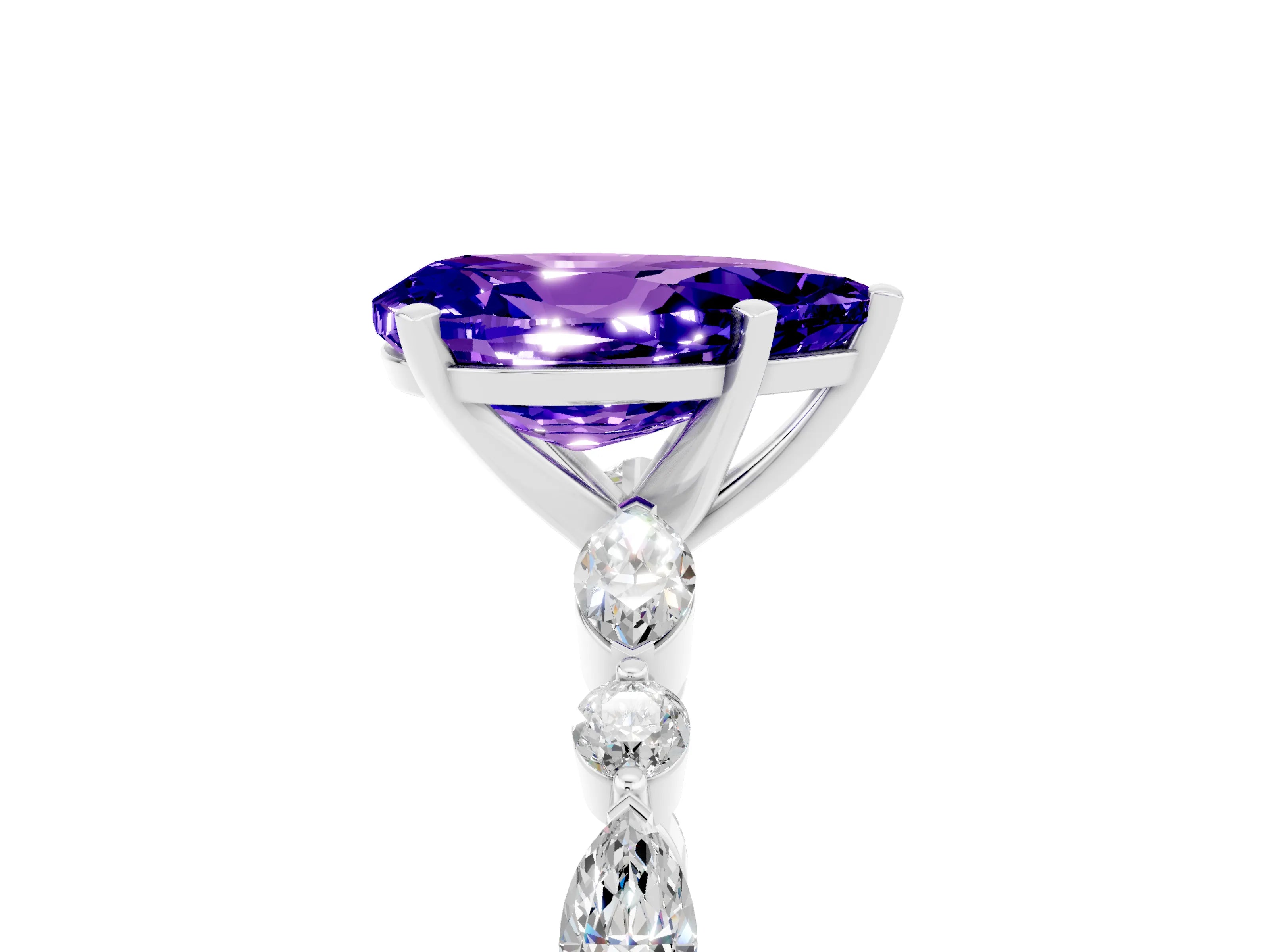 White gold Pear Cut Tanzanite Solitaire with Side Stones on a Pavé Band and Four-Prong Setting_5