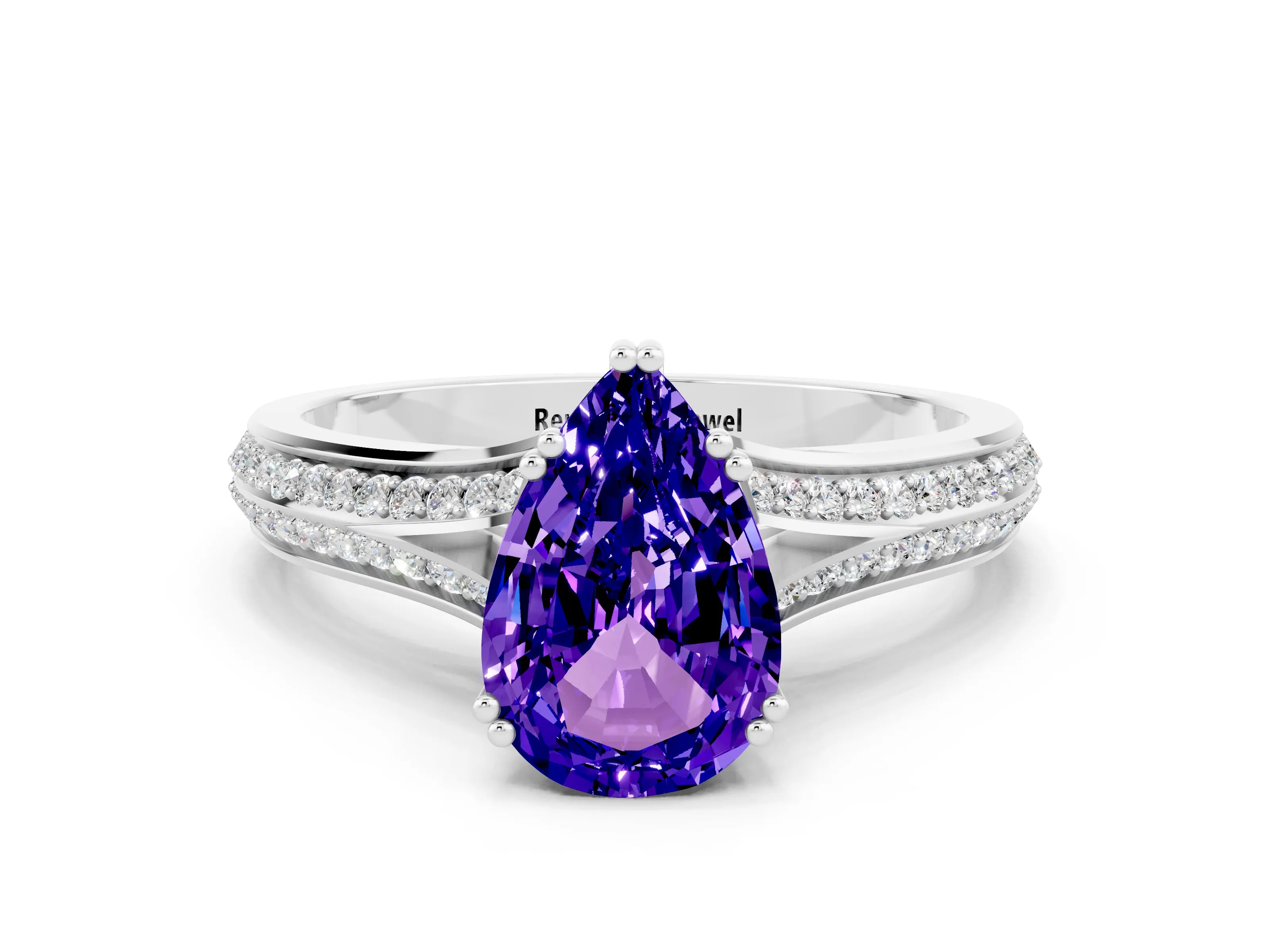 White gold Pear Cut Tanzanite Split Shank Engagement Ring with Pavé Band