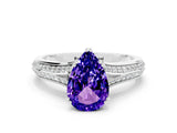White gold Pear Cut Tanzanite Split Shank Engagement Ring with Pavé Band