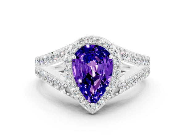 Platinum Pear Cut Tanzanite Split Shank Halo Ring with Four-Prong Setting