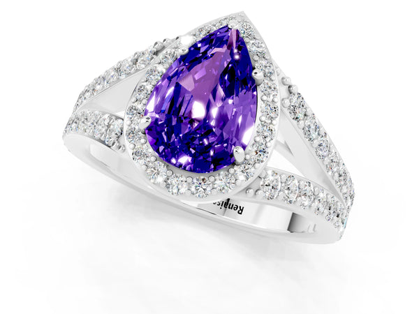 Platinum Pear Cut Tanzanite Split Shank Halo Ring with Four-Prong Setting