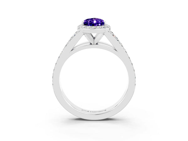 Platinum Pear Cut Tanzanite Split Shank Halo Ring with Four-Prong Setting