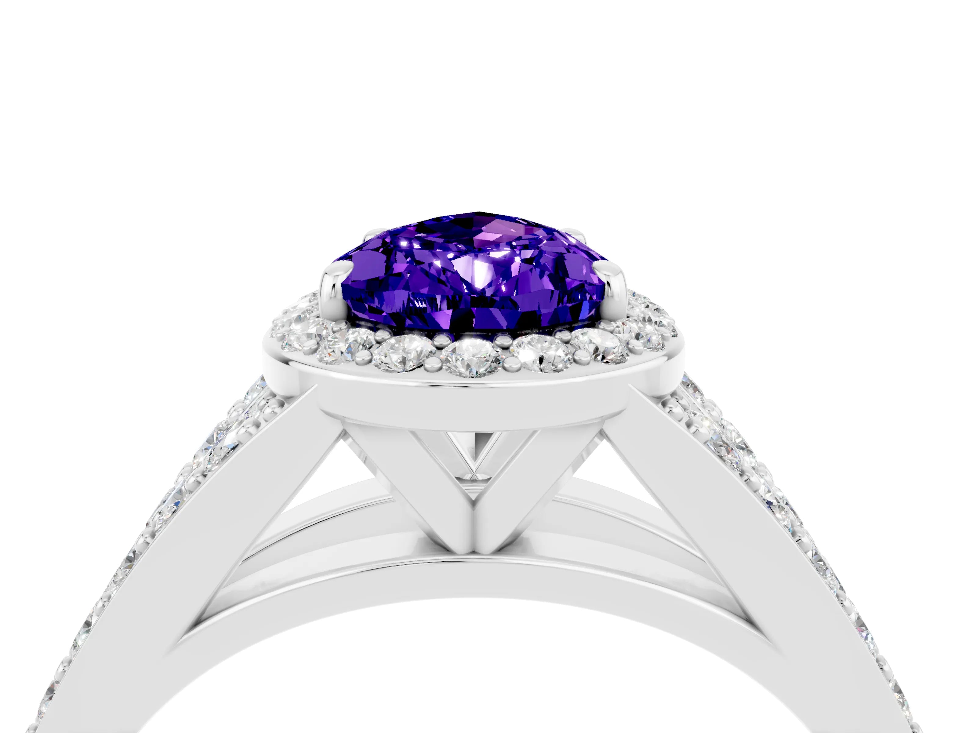 White gold Pear Cut Tanzanite Split Shank Halo Ring with Four-Prong Setting_16