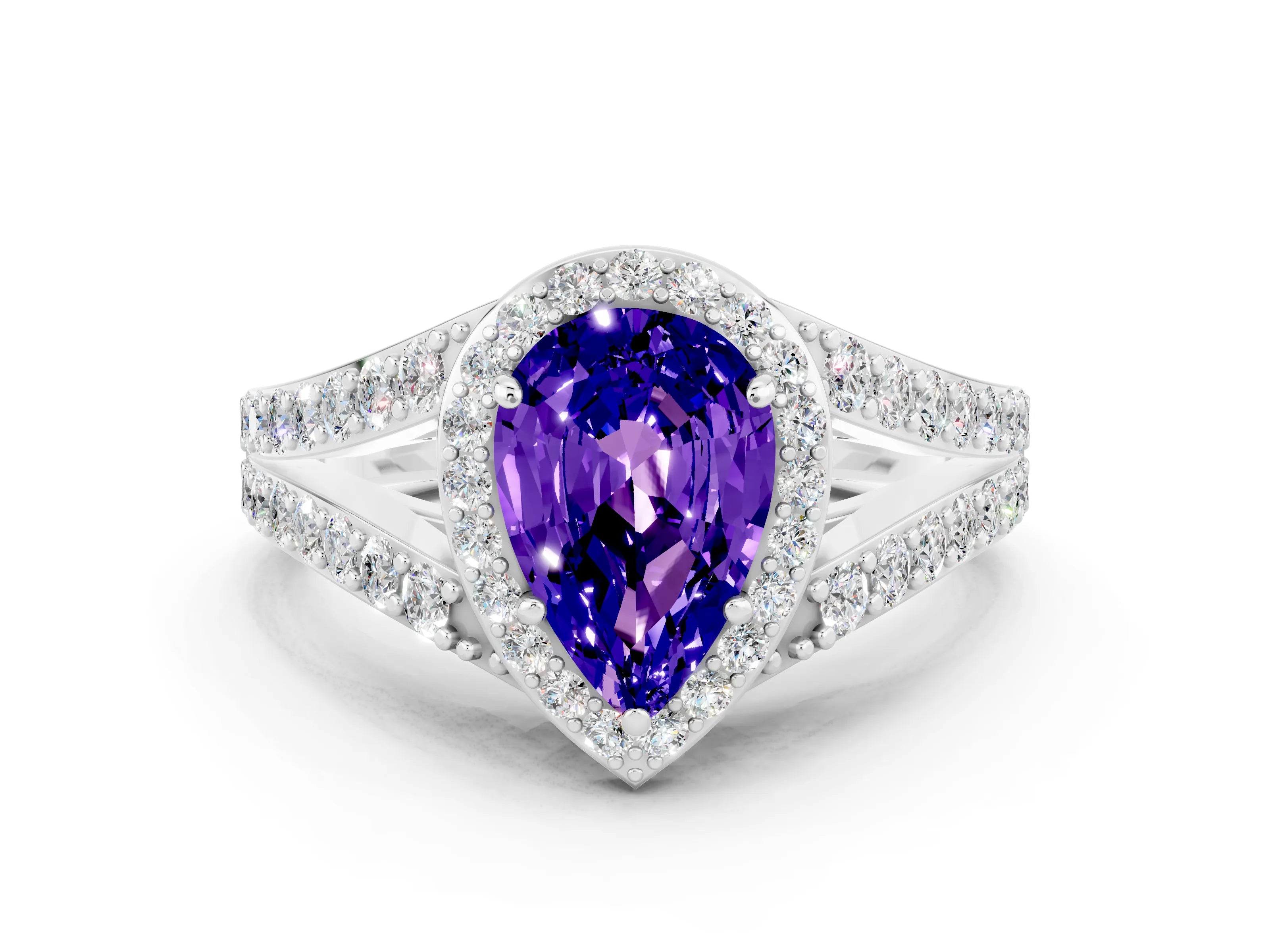 White gold Pear Cut Tanzanite Split Shank Halo Ring with Four-Prong Setting_24