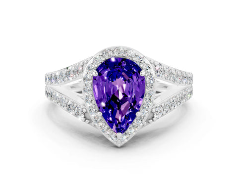 White gold Pear Cut Tanzanite Split Shank Halo Ring with Four-Prong Setting_24