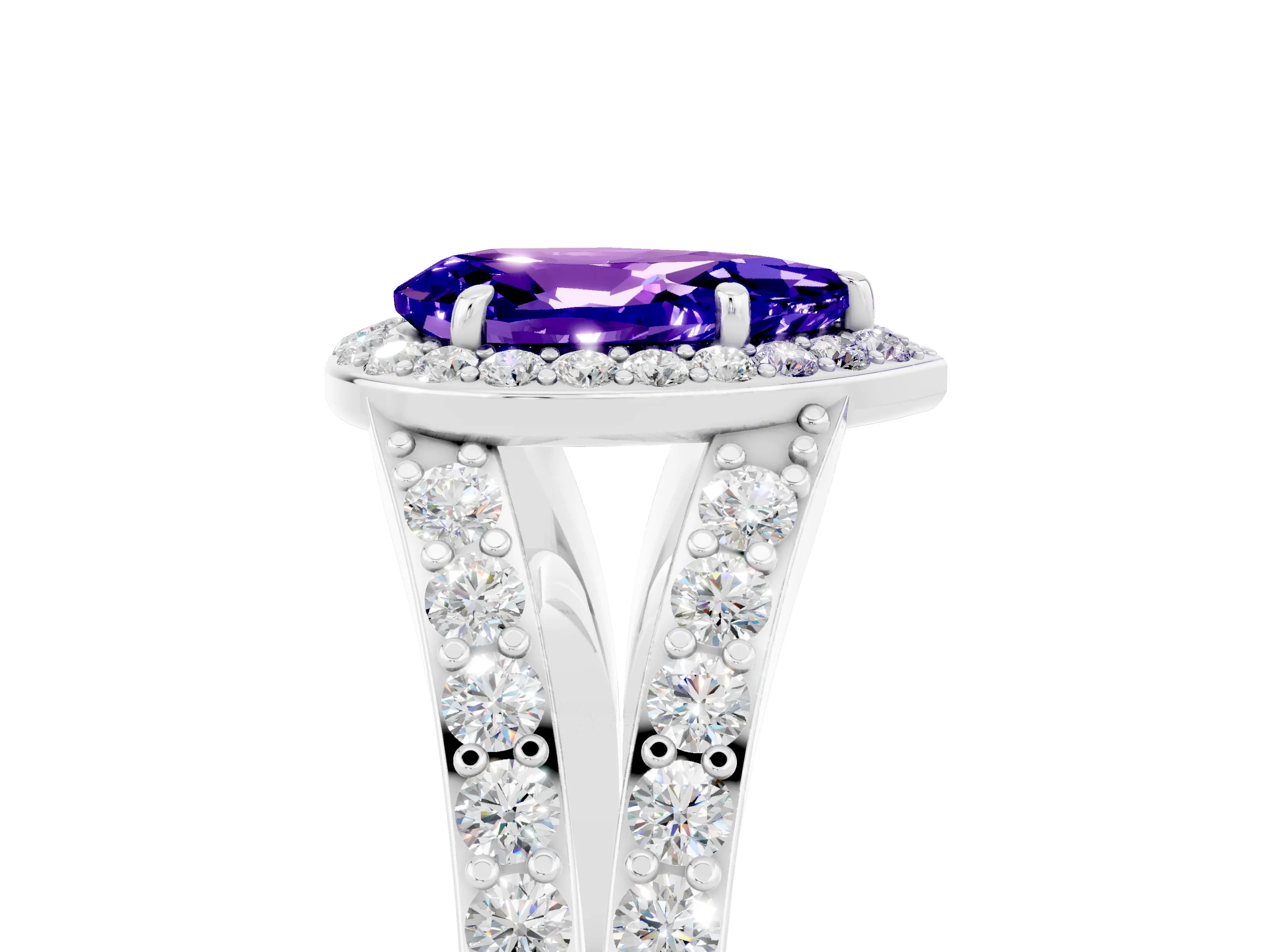 White gold Pear Cut Tanzanite Split Shank Halo Ring with Four-Prong Setting_29