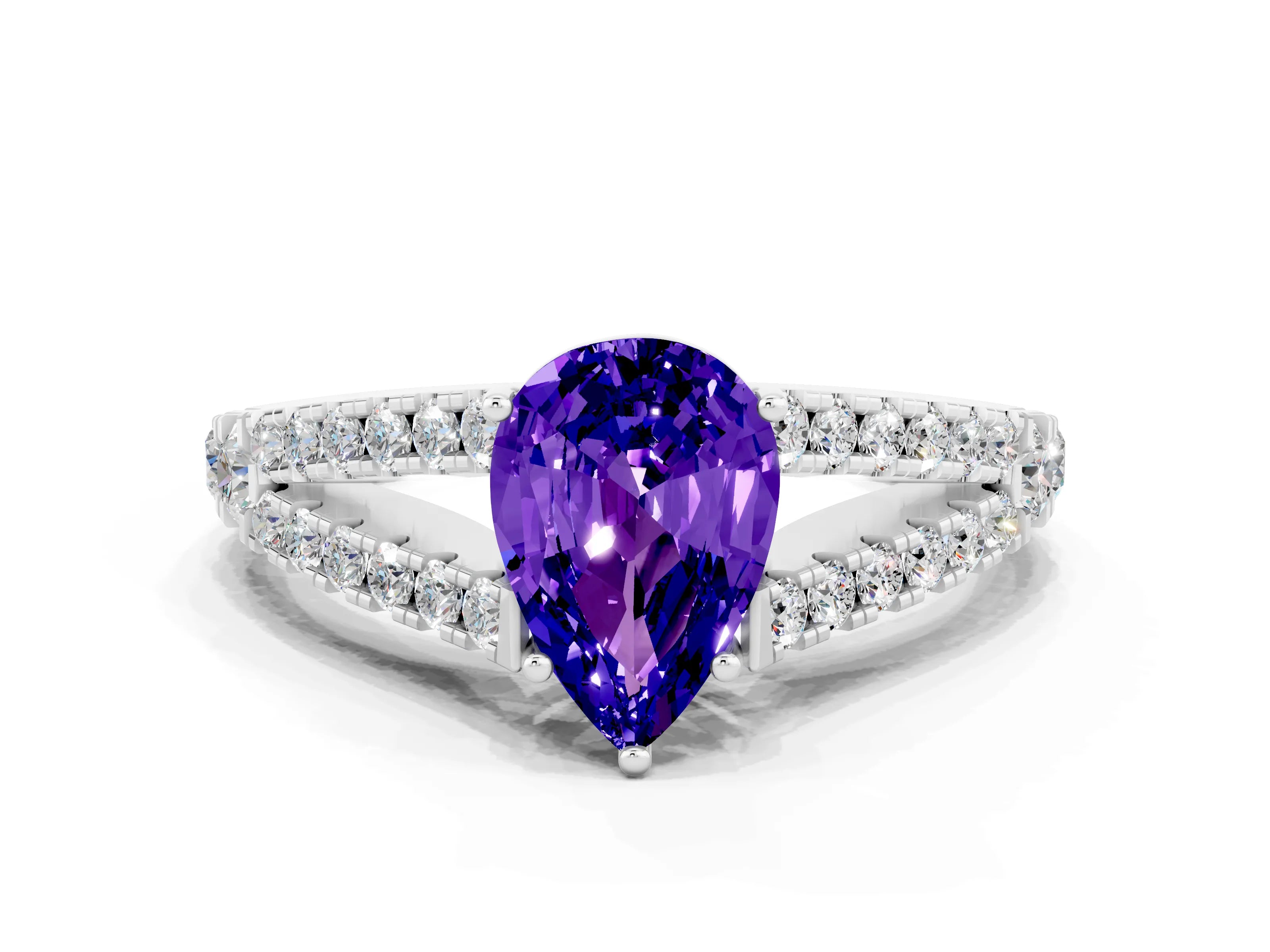 White gold Pear Cut Tanzanite Split Shank Pavé Engagement Ring with Four-Prong Setting_12