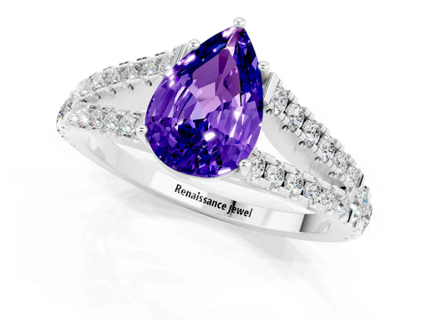 White gold Pear Cut Tanzanite Split Shank Pavé Engagement Ring with Four-Prong Setting_13