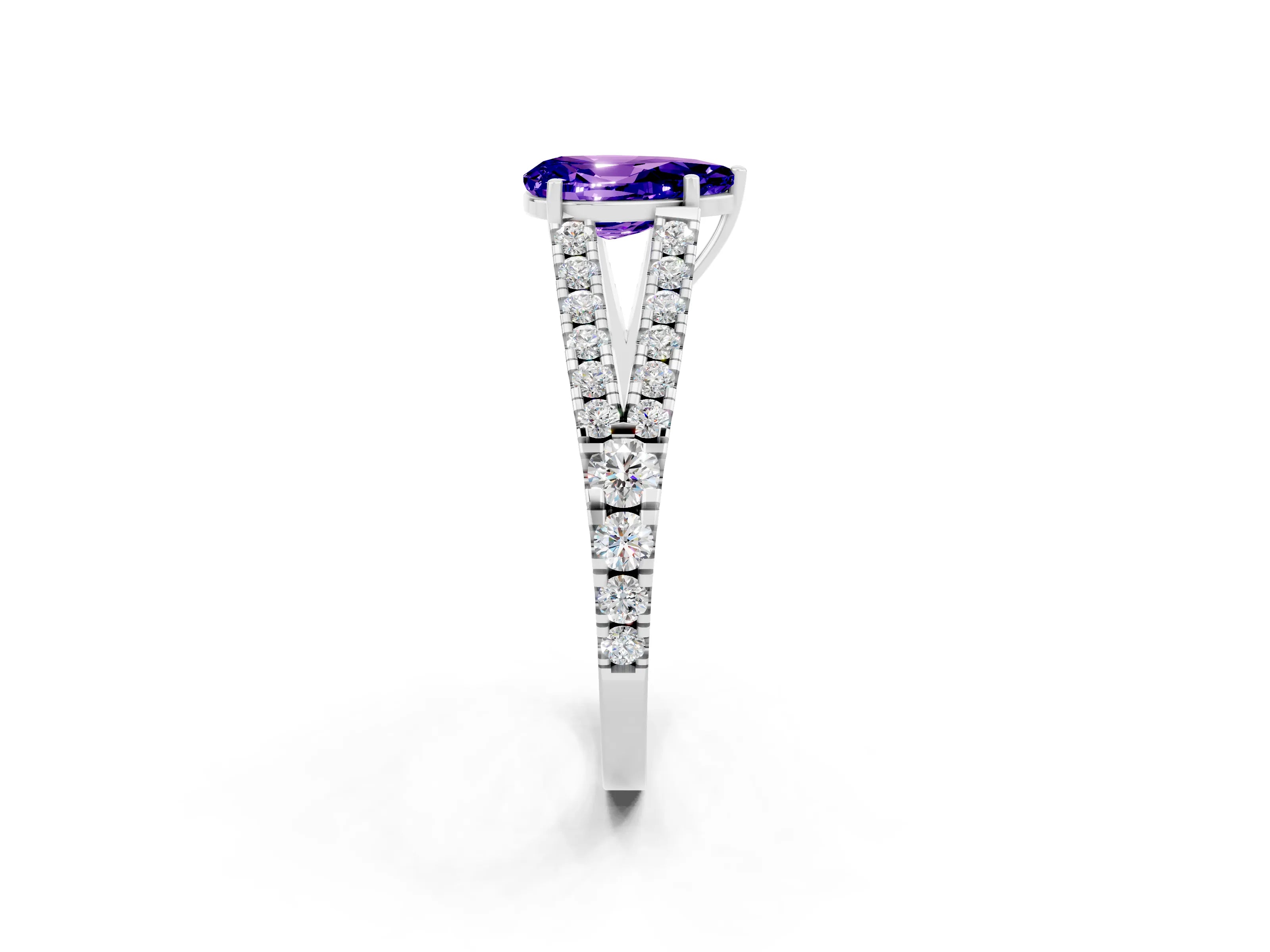 White gold Pear Cut Tanzanite Split Shank Pavé Engagement Ring with Four-Prong Setting_14