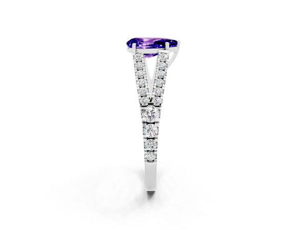 Silver Pear Cut Tanzanite Split Shank Pavé Engagement Ring with Four-Prong Setting
