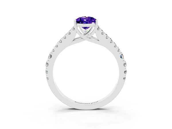 Silver Pear Cut Tanzanite Split Shank Pavé Engagement Ring with Four-Prong Setting