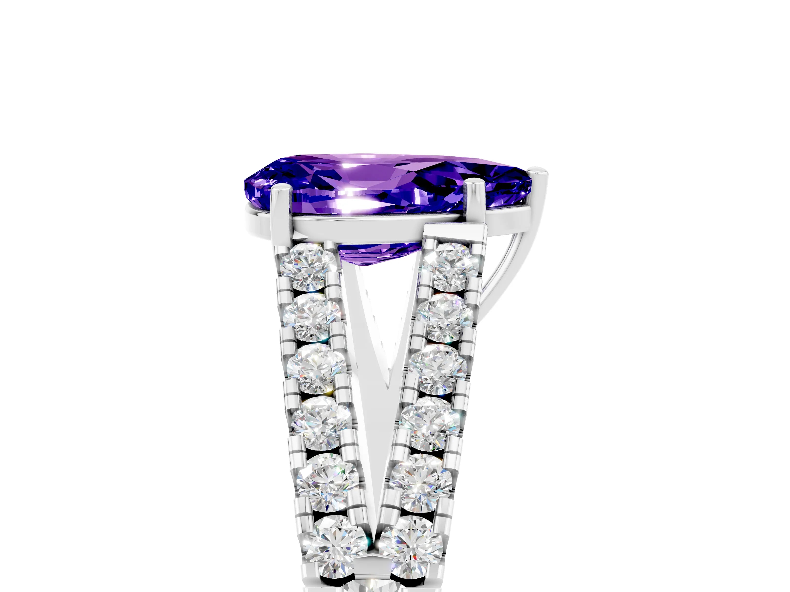 White gold Pear Cut Tanzanite Split Shank Pavé Engagement Ring with Four-Prong Setting_17
