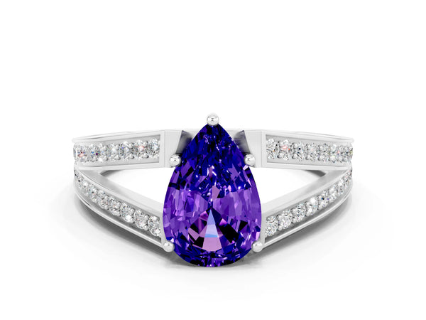 Platinum Pear Cut Tanzanite Split Shank Ring with Pavé Band and Four-Prong Setting
