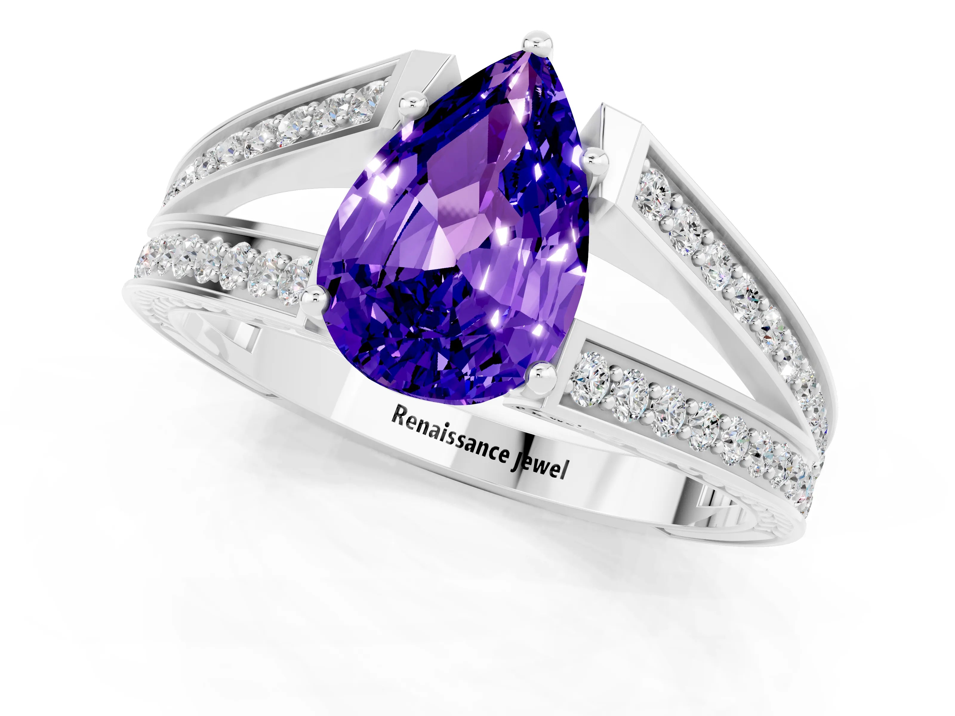 White gold Pear Cut Tanzanite Split Shank Ring with Pavé Band and Four-Prong Setting_1