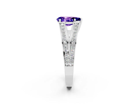 White gold Pear Cut Tanzanite Split Shank Ring with Pavé Band and Four-Prong Setting_2