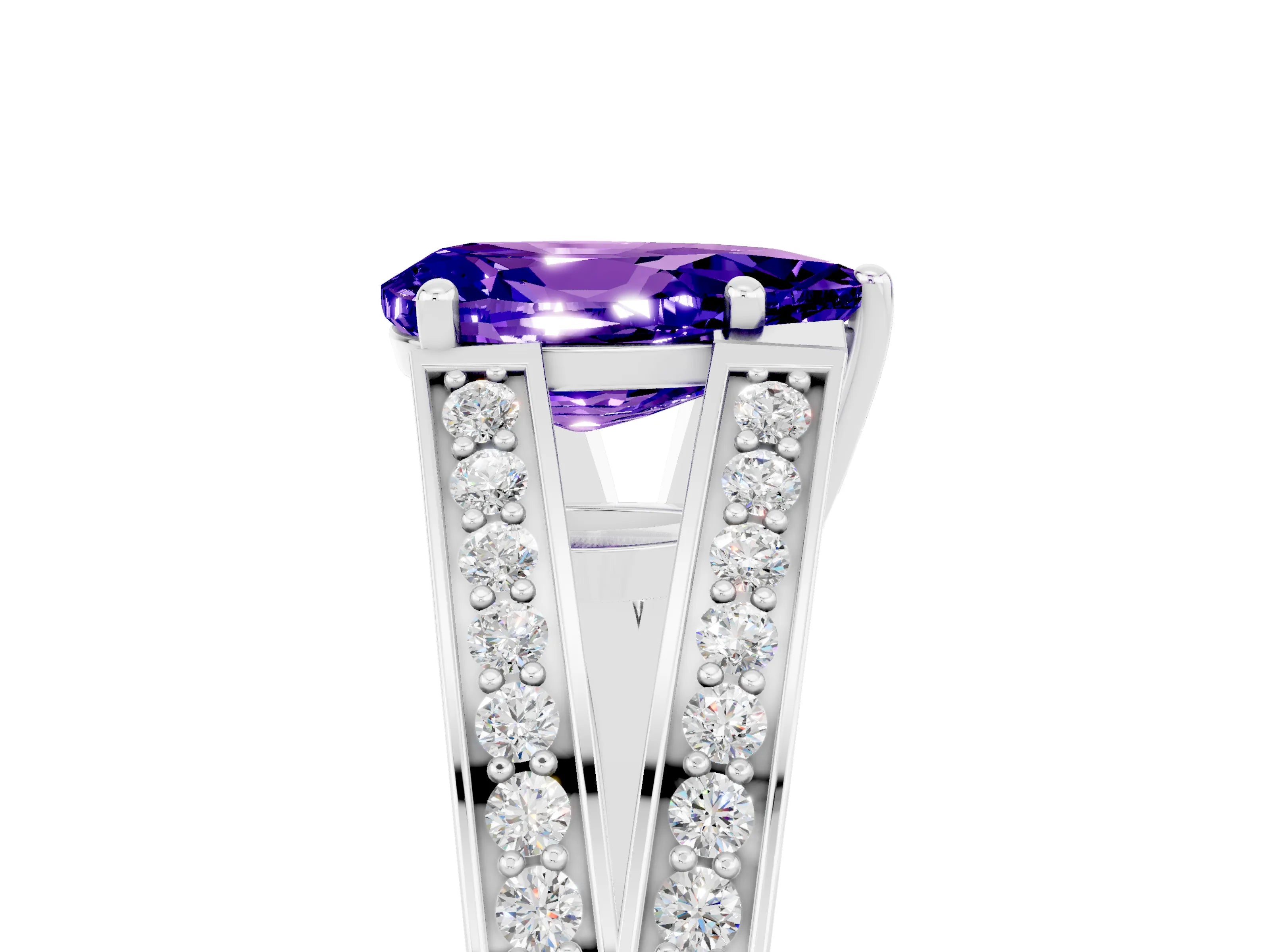 White gold Pear Cut Tanzanite Split Shank Ring with Pavé Band and Four-Prong Setting_5