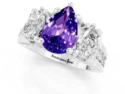 White gold Pear Cut Tanzanite Three-Stone Ring with Channel Set Band and Four-Prong Setting_1
