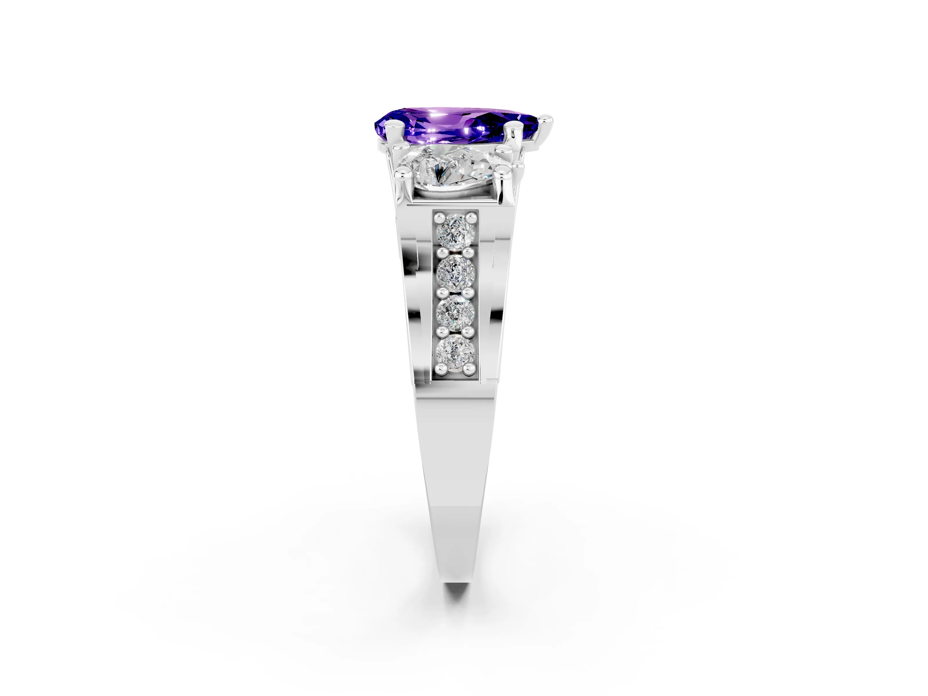White gold Pear Cut Tanzanite Three-Stone Ring with Channel Set Band and Four-Prong Setting_2