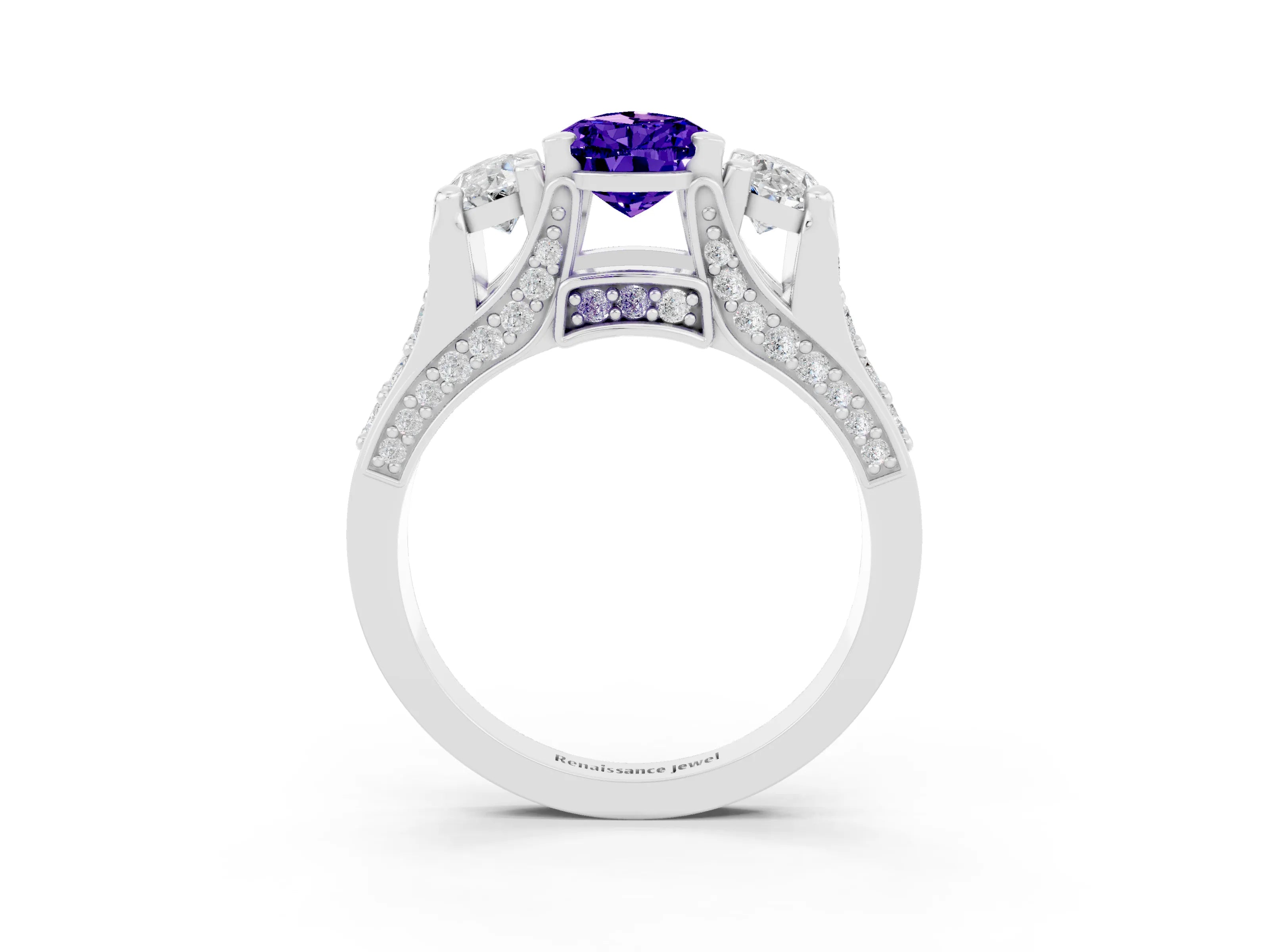White gold Pear Cut Tanzanite Three-Stone Ring with Channel Set Band and Four-Prong Setting_3
