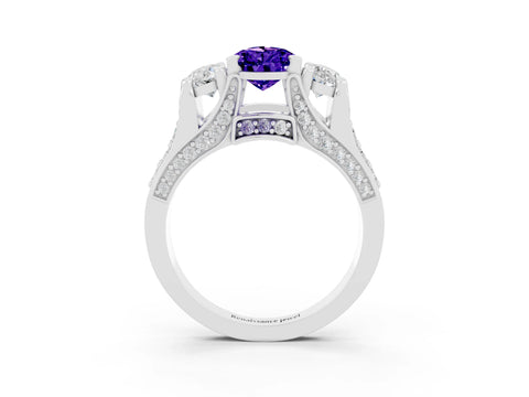White gold Pear Cut Tanzanite Three-Stone Ring with Channel Set Band and Four-Prong Setting_3