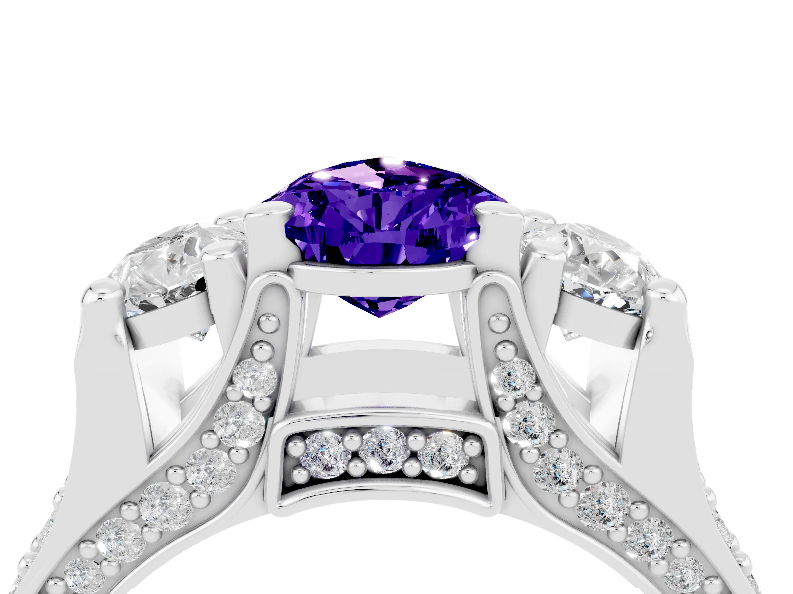 White gold Pear Cut Tanzanite Three-Stone Ring with Channel Set Band and Four-Prong Setting_4