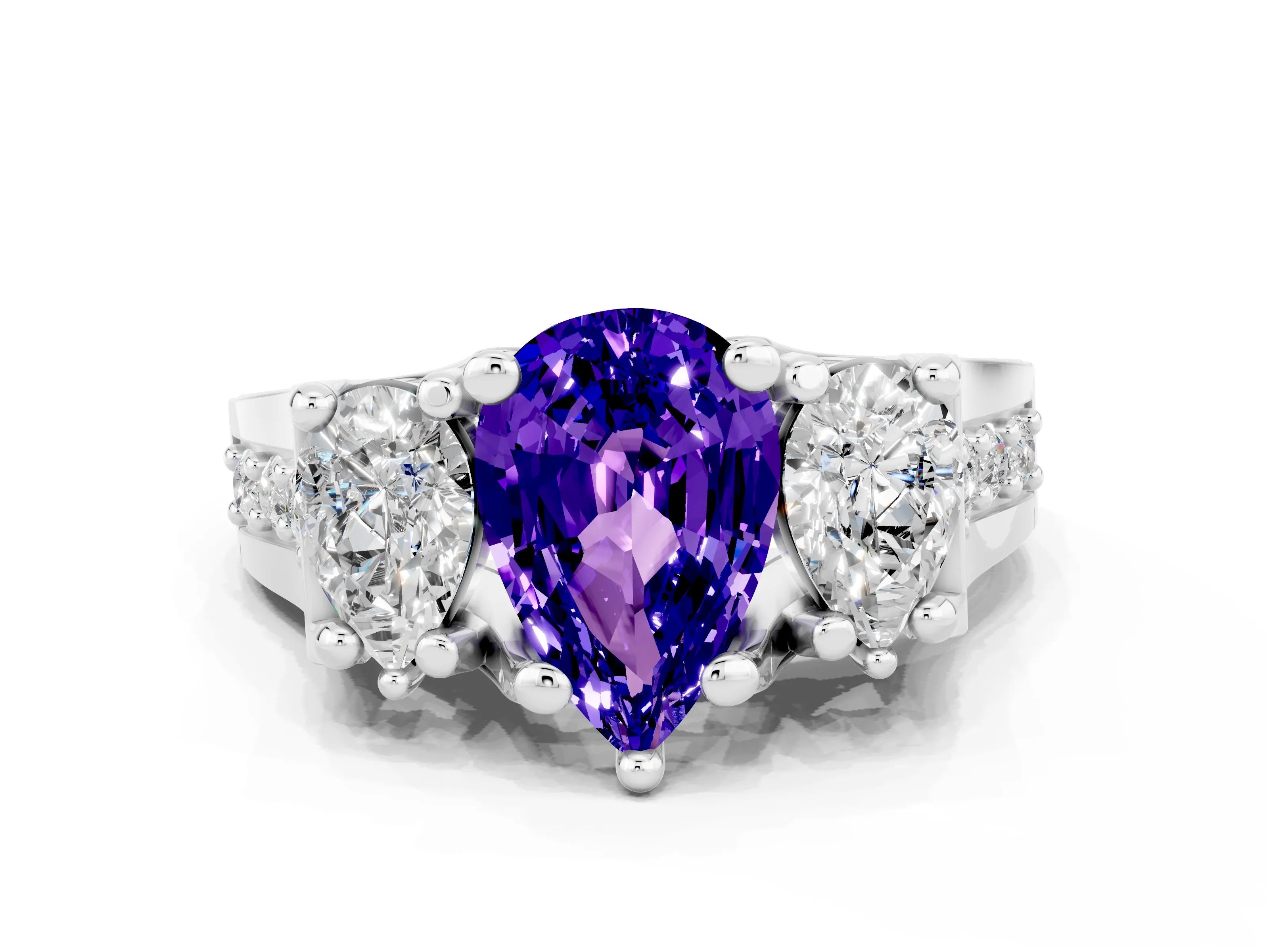 White gold Pear Cut Tanzanite Three-Stone Ring with Channel Set Band and Four-Prong Setting