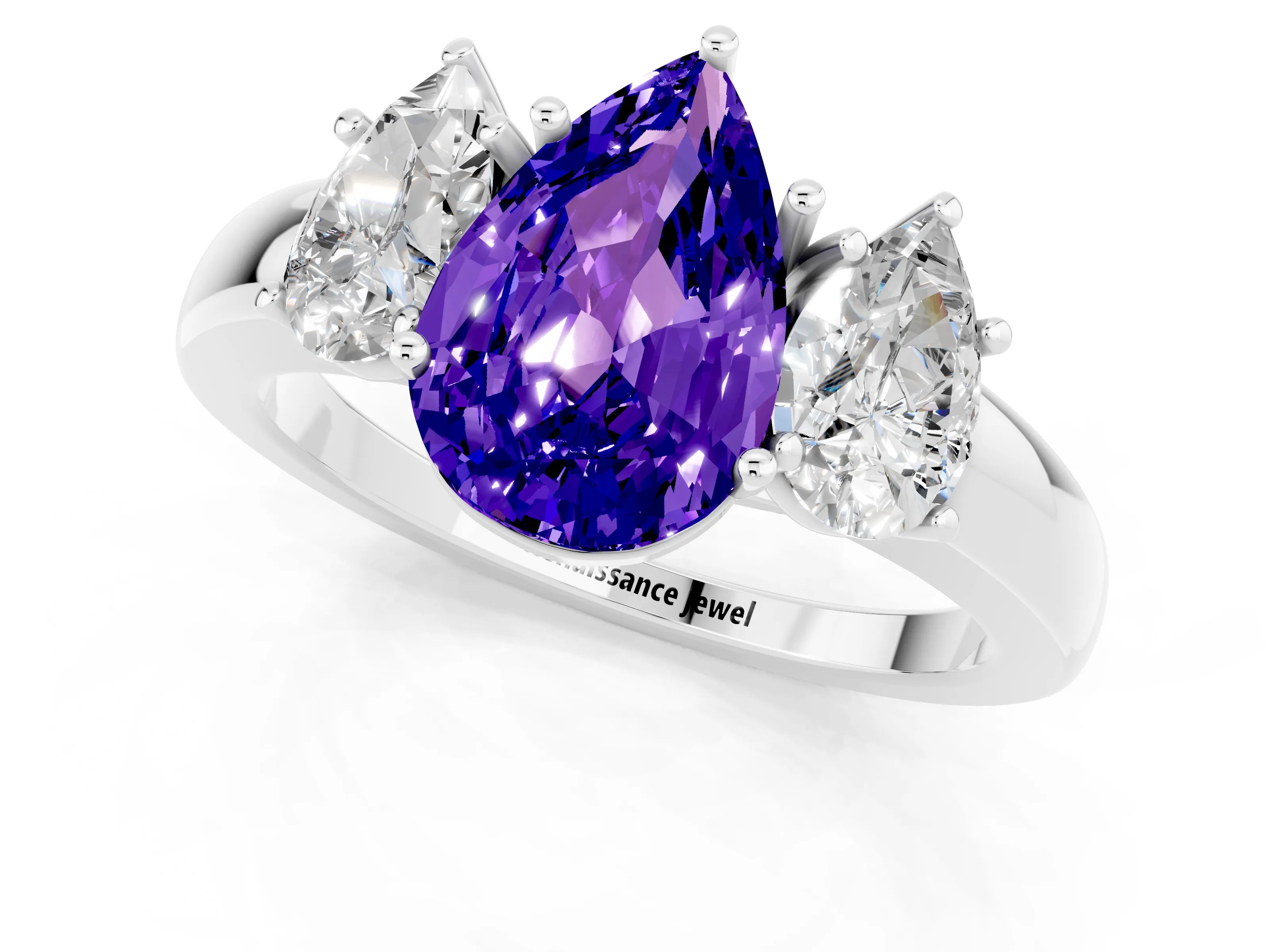 White gold Pear Cut Tanzanite Three-Stone Ring with Four-Prong Setting and Classic Band_1