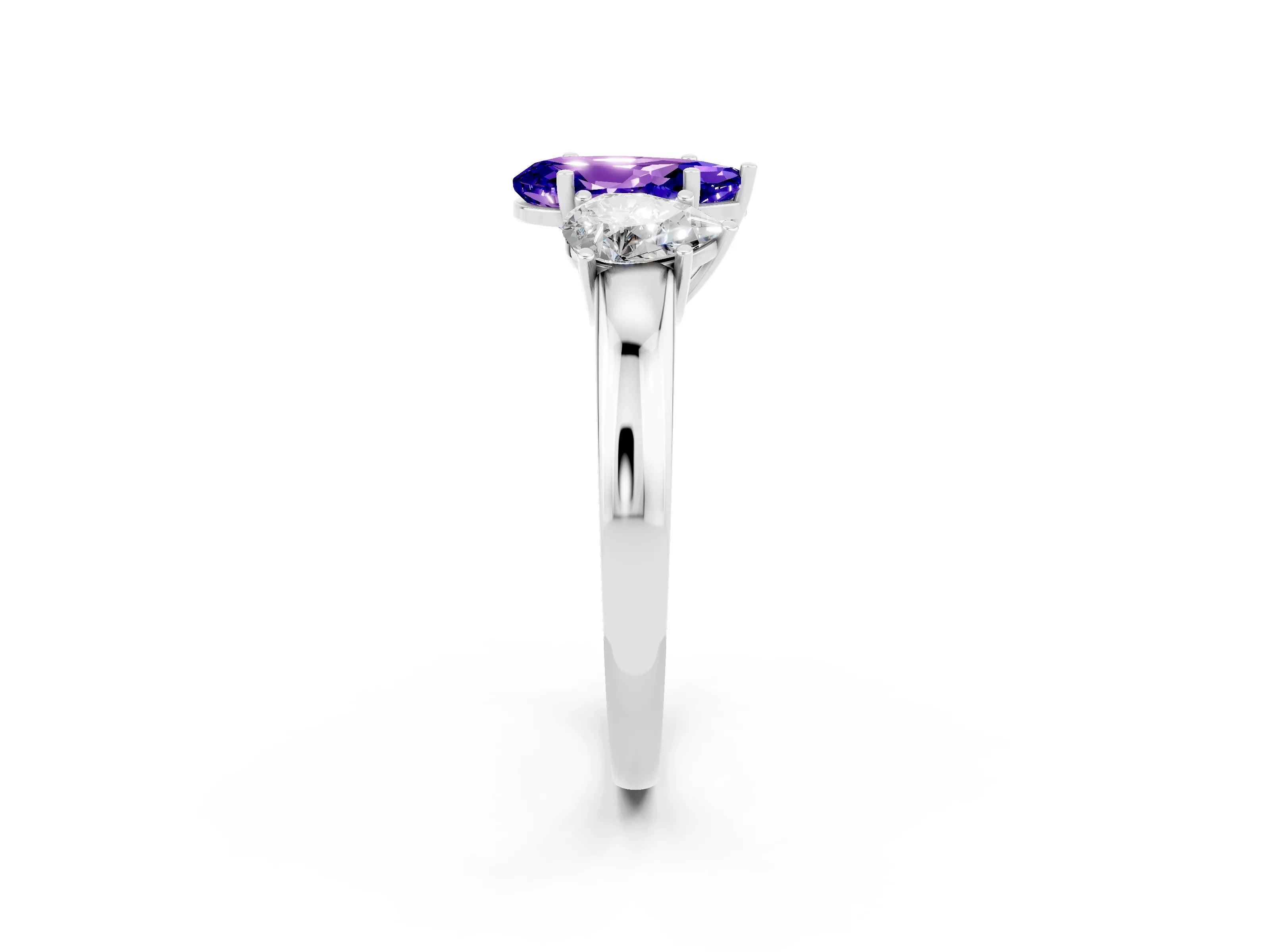 White gold Pear Cut Tanzanite Three-Stone Ring with Four-Prong Setting and Classic Band_2
