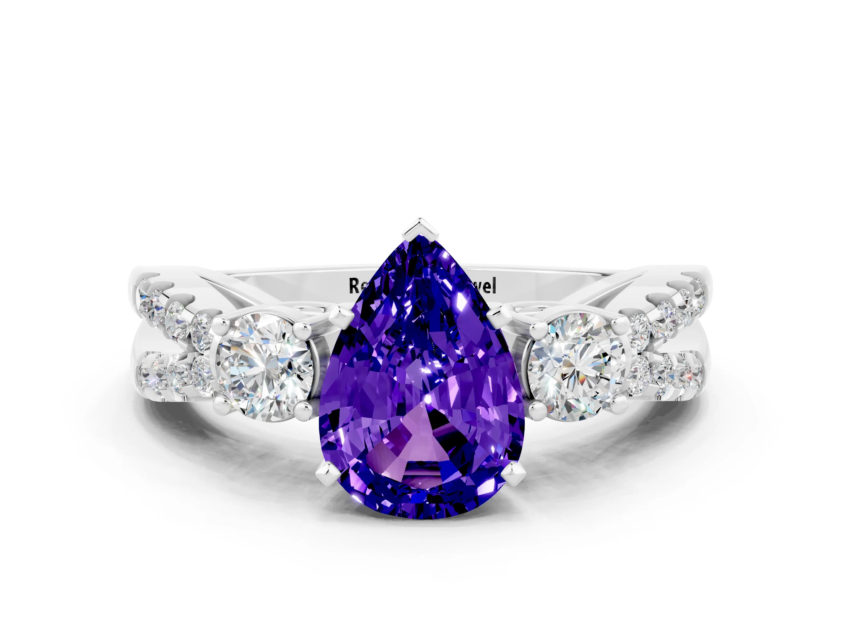 White gold Pear Cut Tanzanite Three-Stone Ring with Pavé Split Shank and Four-Prong Setting_12