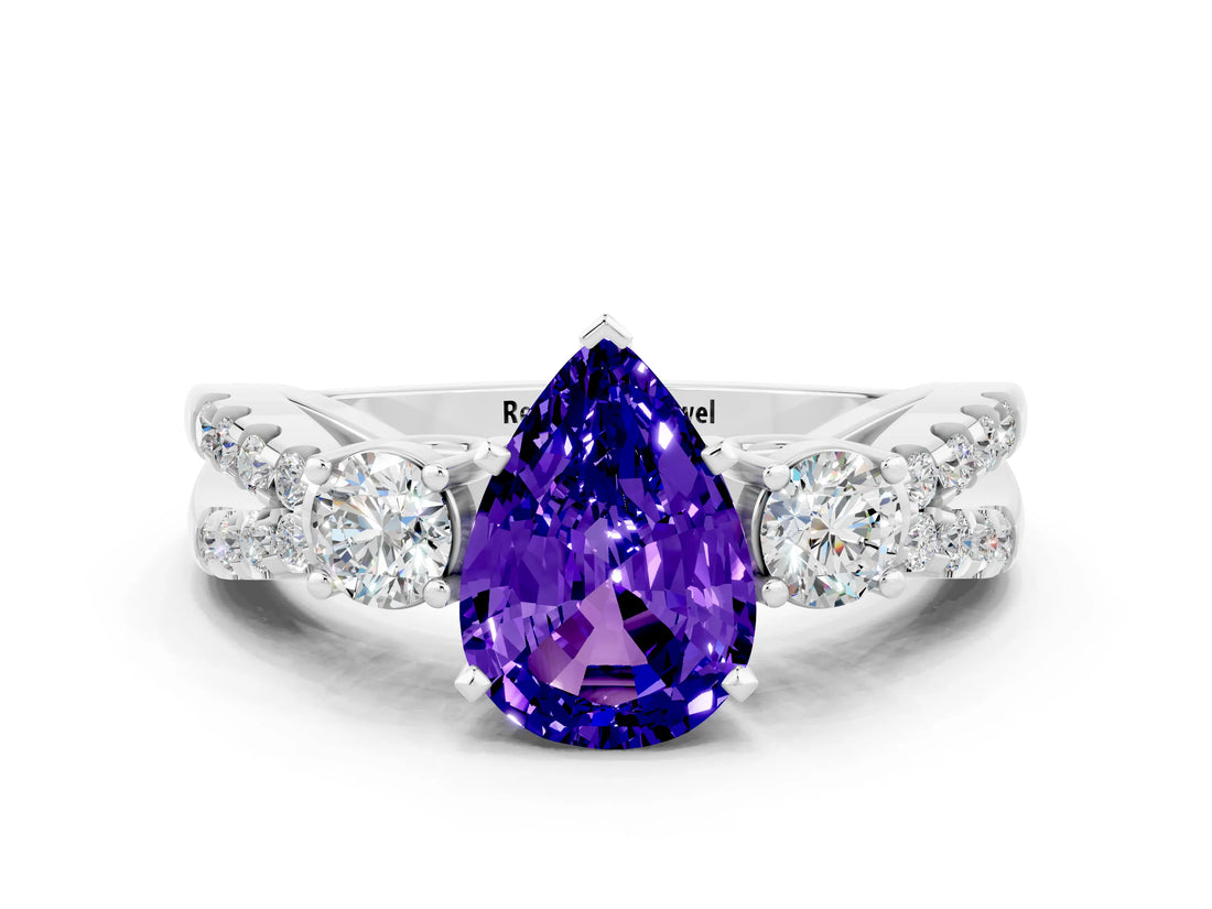 White gold Pear Cut Tanzanite Three-Stone Ring with Pavé Split Shank and Four-Prong Setting_12