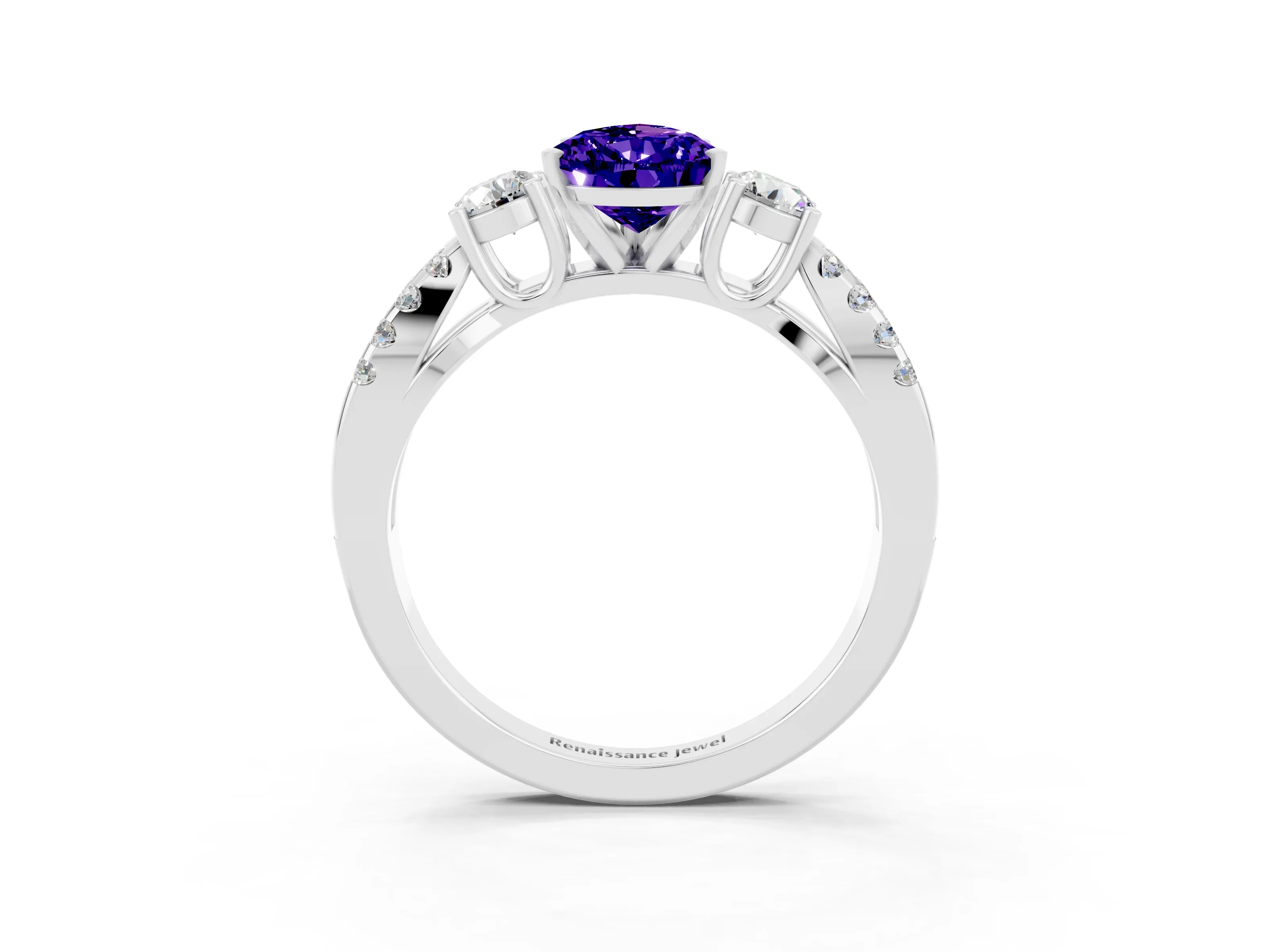 White gold Pear Cut Tanzanite Three-Stone Ring with Pavé Split Shank and Four-Prong Setting_15