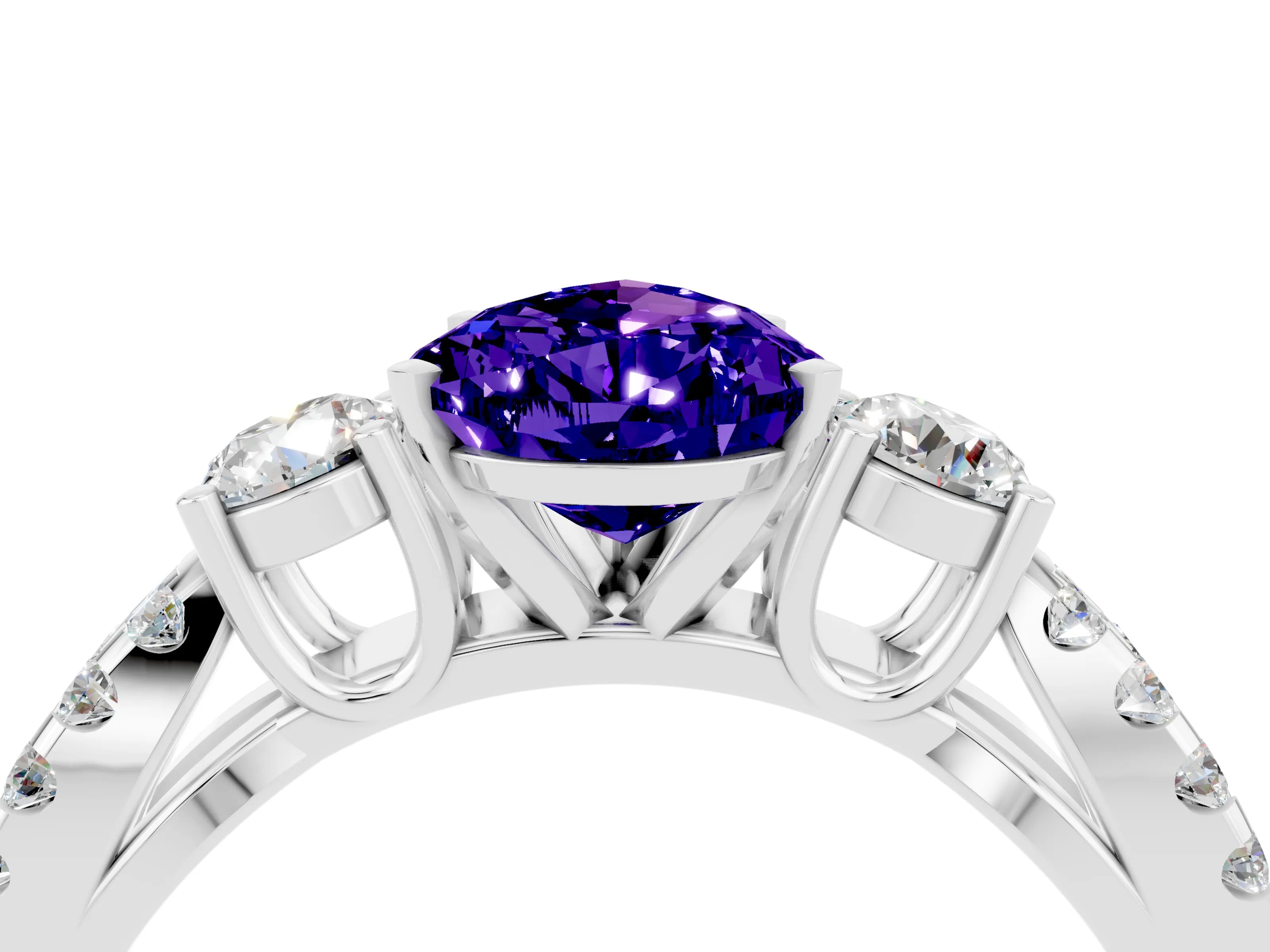 White gold Pear Cut Tanzanite Three-Stone Ring with Pavé Split Shank and Four-Prong Setting_16