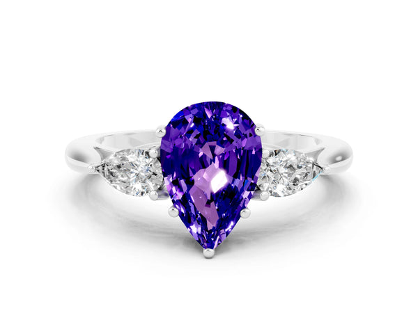 Platinum Pear Cut Tanzanite Three-Stone Ring with Pear  Side Stones and Prong Setting