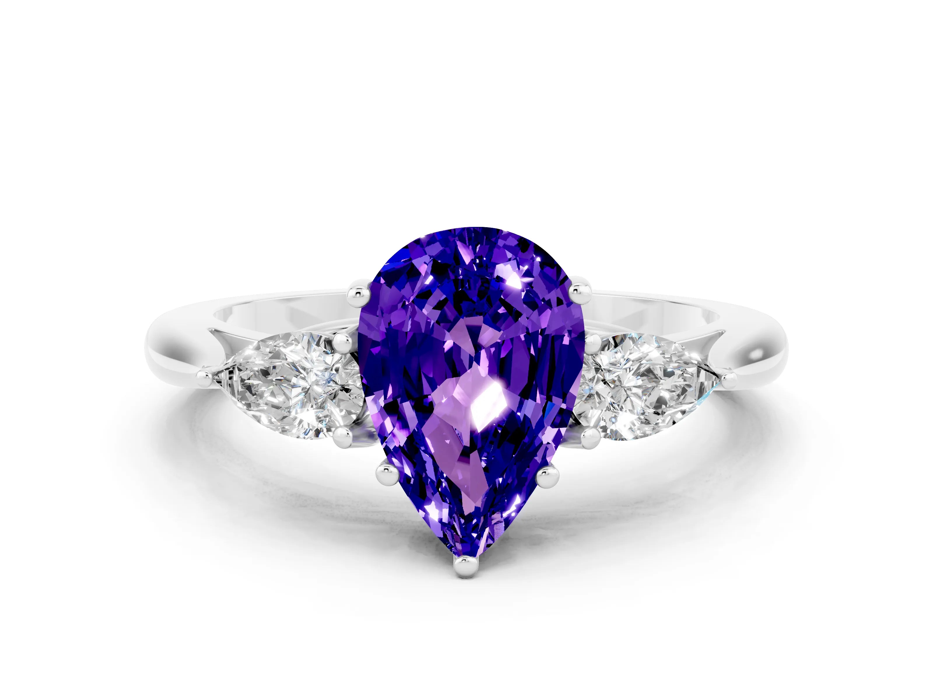 White gold Pear Cut Tanzanite Three-Stone Ring with Pear Side Stones and Four-Prong Setting_12