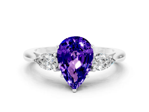 White gold Pear Cut Tanzanite Three-Stone Ring with Pear Side Stones and Four-Prong Setting_12