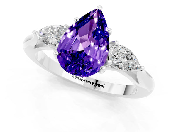 Silver Pear Cut Tanzanite Three-Stone Ring with Pear  Side Stones and Prong Setting