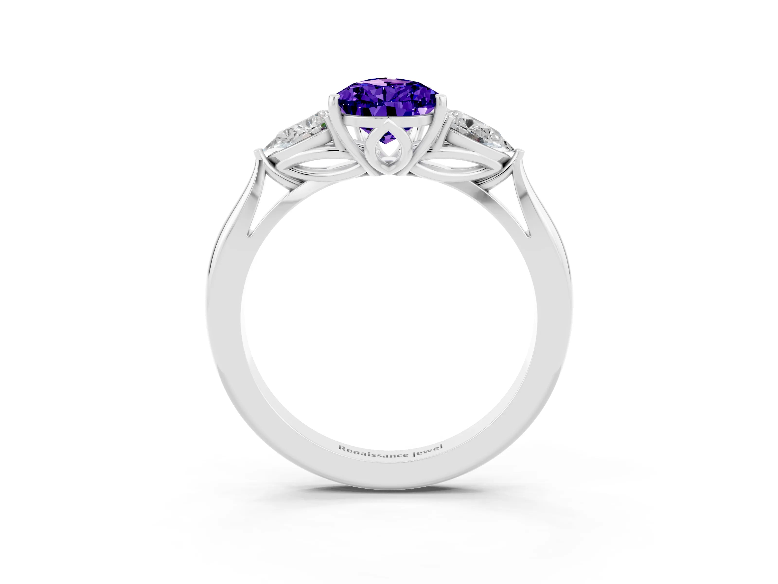 White gold Pear Cut Tanzanite Three-Stone Ring with Pear Side Stones and Four-Prong Setting_15