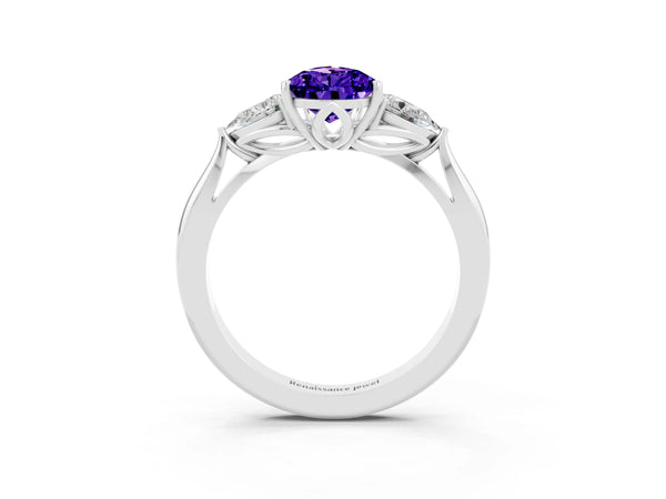 White gold Pear Cut Tanzanite Three-Stone Ring with Pear  Side Stones and Prong Setting