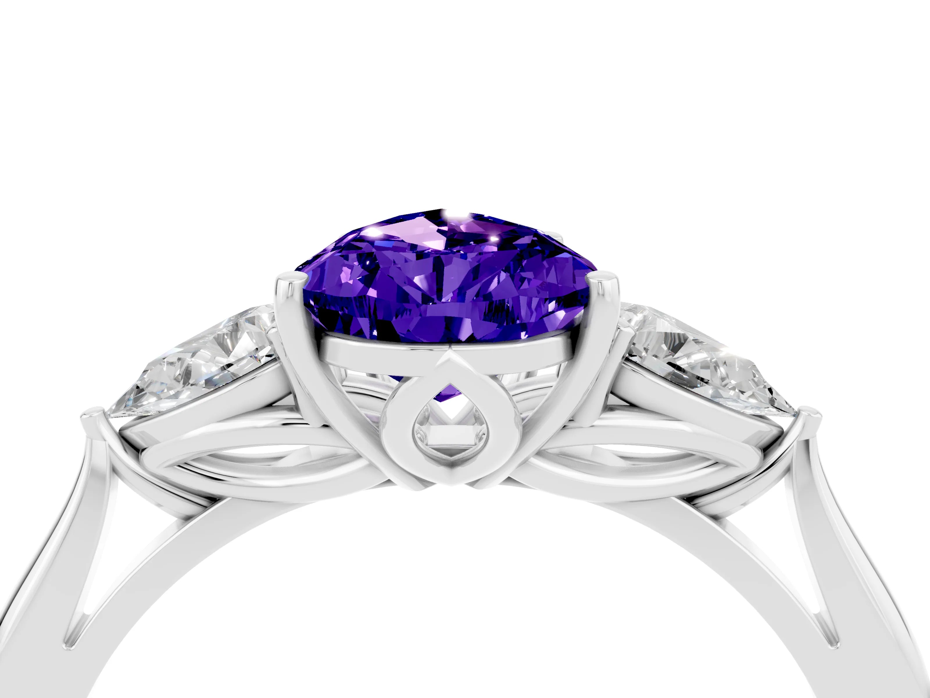 White gold Pear Cut Tanzanite Three-Stone Ring with Pear Side Stones and Four-Prong Setting_16
