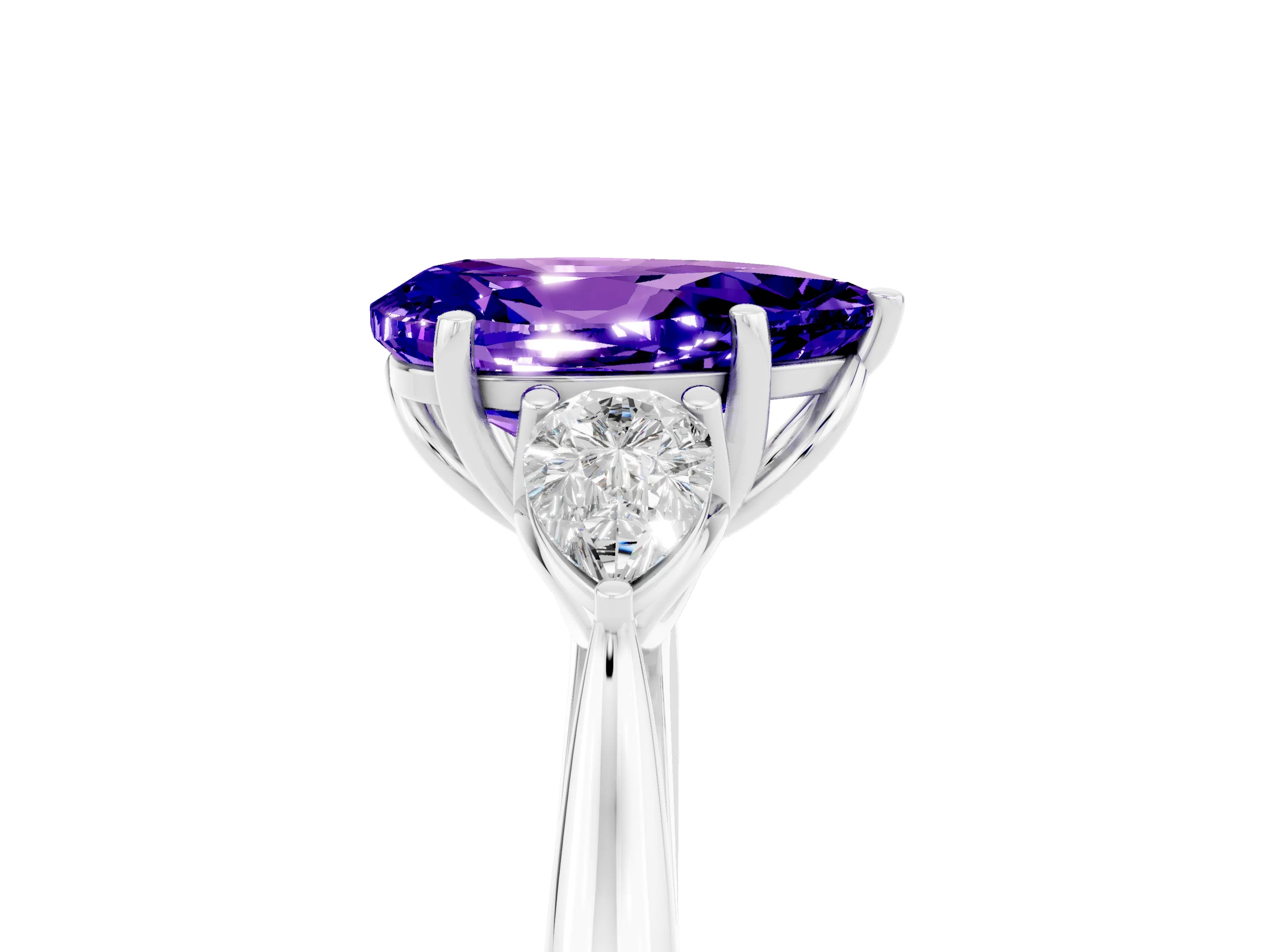 White gold Pear Cut Tanzanite Three-Stone Ring with Pear Side Stones and Four-Prong Setting_17
