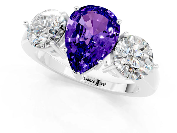 White gold Pear Cut Tanzanite Three-Stone Ring with Prong Setting and Classic Band