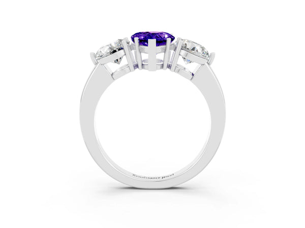 Platinum Pear Cut Tanzanite Three-Stone Ring with Prong Setting and Classic Band