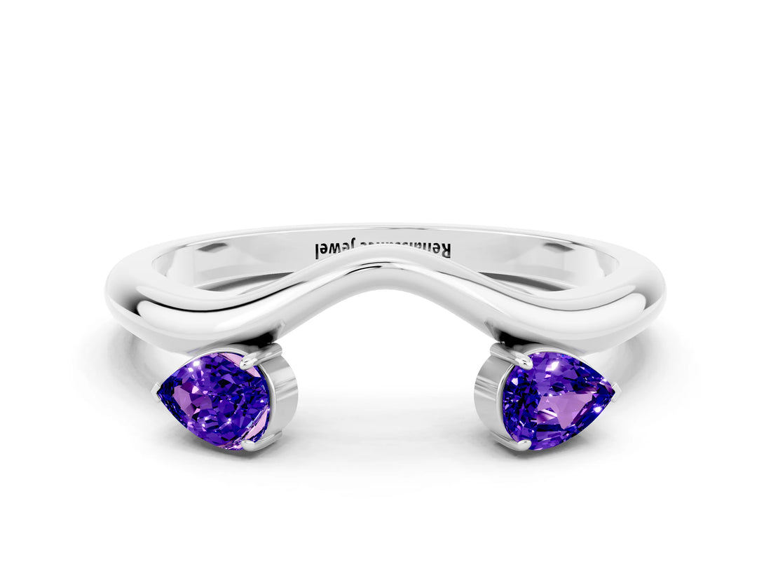 White gold Pear Cut Tanzanite Two-Stone Open Band Ring with Prong Setting_6