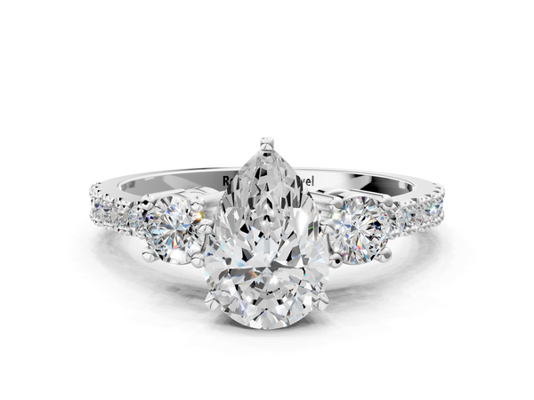 Sterling Silver Pear-Shaped Three Stone Engagement Ring Setting with Round Side Stones and Pave Band