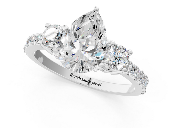 Sterling Silver Pear-Shaped Three Stone Engagement Ring Setting with Round Side Stones and Pave Band