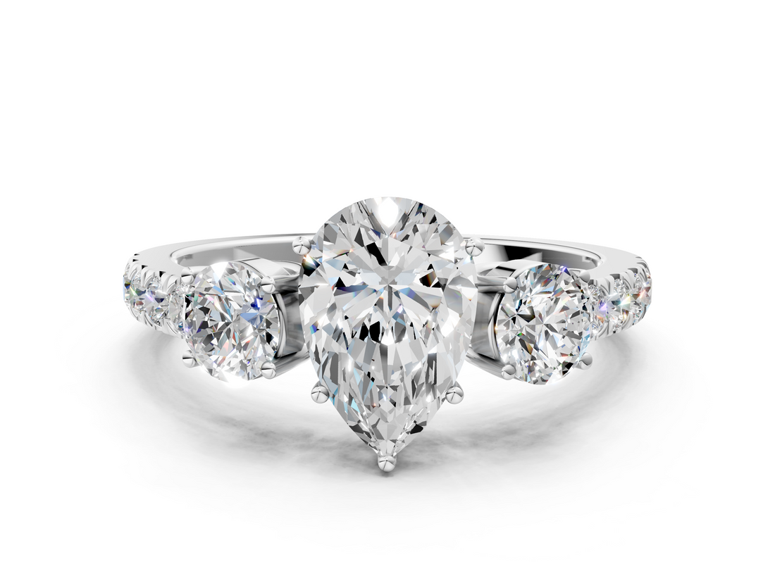 White gold Pear Cut Three-Stone Diamond Pave Band with Prong Setting_106