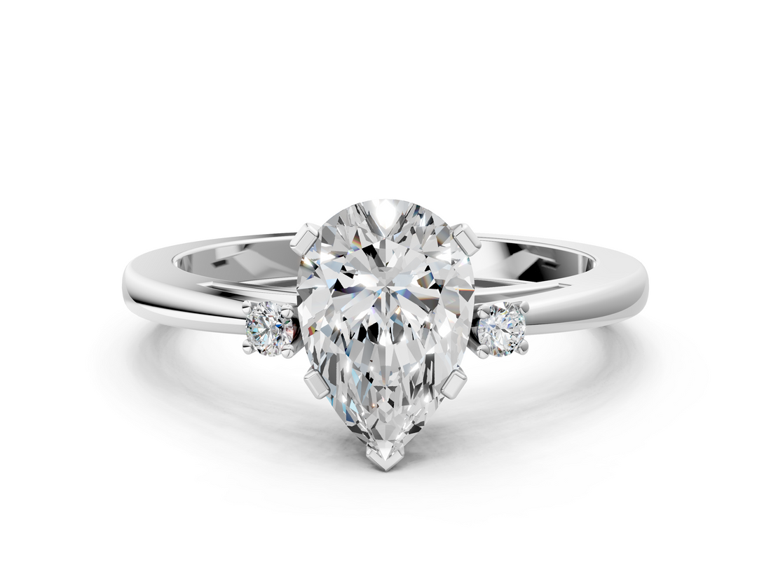 White gold Pear Cut Three-Stone Solitaire Ring with Round Accent Diamonds and Four-Prong Setting_49