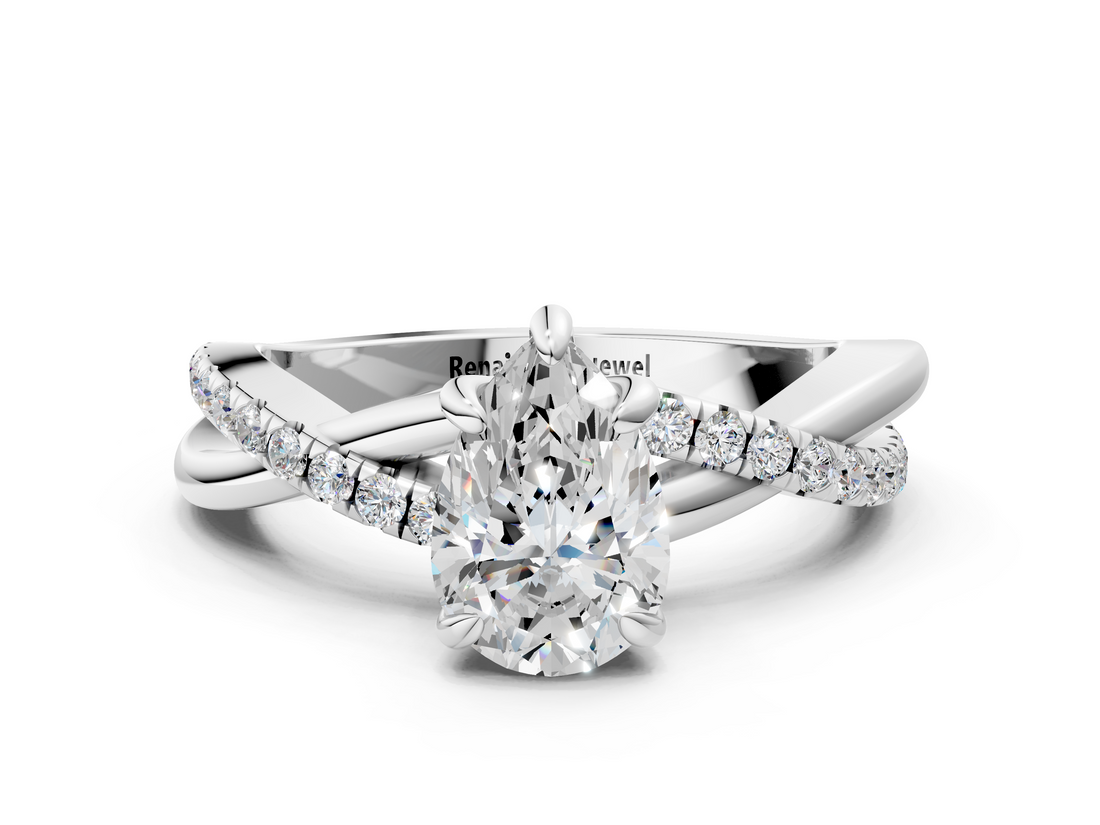 White gold Pear Cut Twist Band Solitaire Diamond Ring with Pavé Setting_38