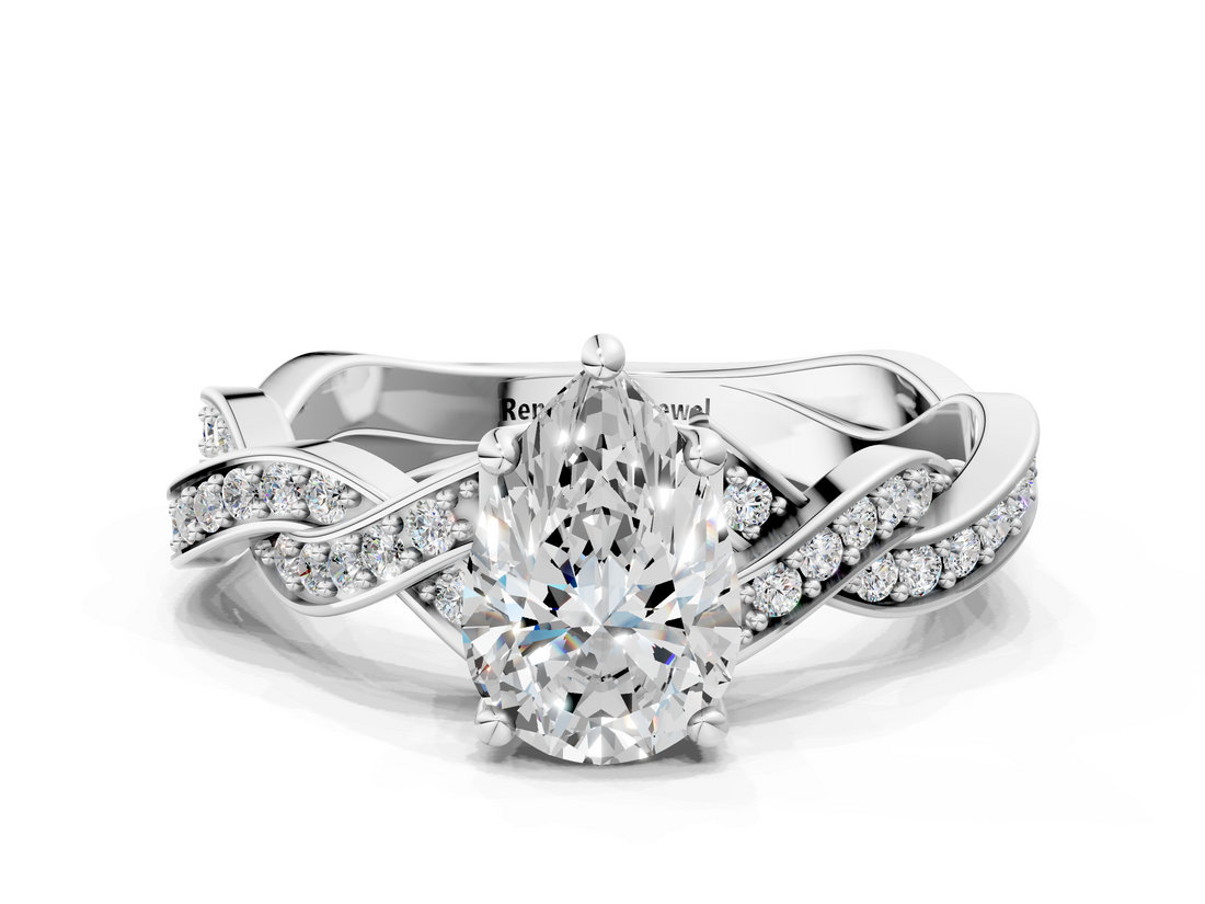 White gold Pear Cut Twisted Pavé Band Solitaire Ring with Four-Prong Setting_114